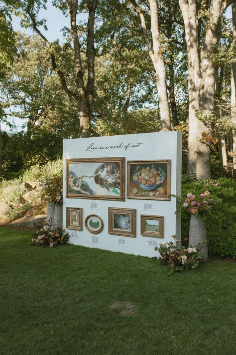 Upscale Art Gallery Seating Chart Wall at The Griffin House in Hood River, Oregon created by Script on This. Painting Seating Chart Wedding, Vintage Frame Seating Chart, At Every Table I'll Save You A Seat Chart, Gallery Wall Seating Chart, Painting Seating Chart, Vintage Seating Chart, Seating Chart Wall, The Griffin House, Seating Charts Wedding