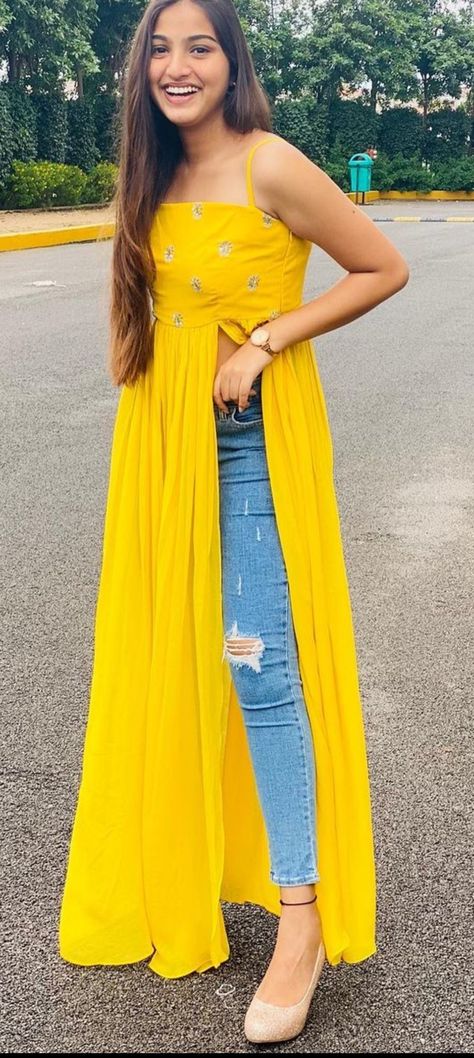 Long Frocks Western, Yellow Kurti Design For Haldi, Western Frocks, Silk Yellow Dress, Yellow Kurti, Fancy Lehenga, Haldi Outfits, Stylish Kurtis Design, Indian Women Fashion