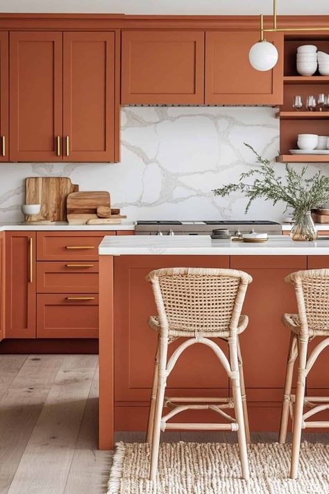 53 Modern Organic Kitchen Ideas (Natural Meets Design) Terracotta And White Kitchen, Terra Cotta Cabinets, Burnt Orange Cabinets, Medeteranian Kitchen, Terracotta Cabinets, Kitchen Ideas Natural, Terracotta Kitchen Cabinets, Orange Kitchen Cabinets, Terracotta Kitchen Walls