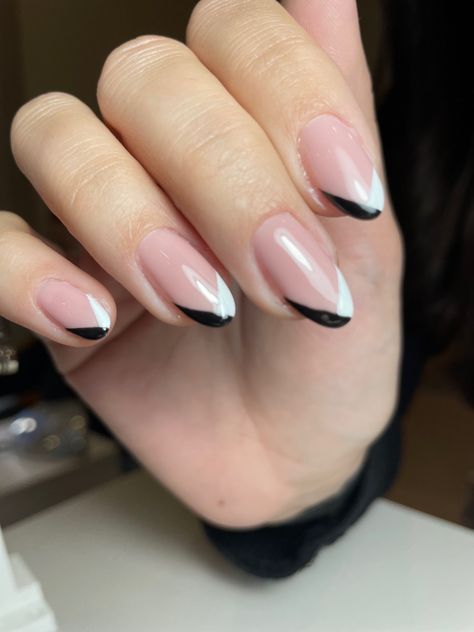 Blake French Nails, Alternative French Nails, Almond Nails Black And White, Half French Tip Nails, Double Line French Tip Nails, Black And White French Tip Nails, Black And White French Tips, Black And White French Tip, Black And White French