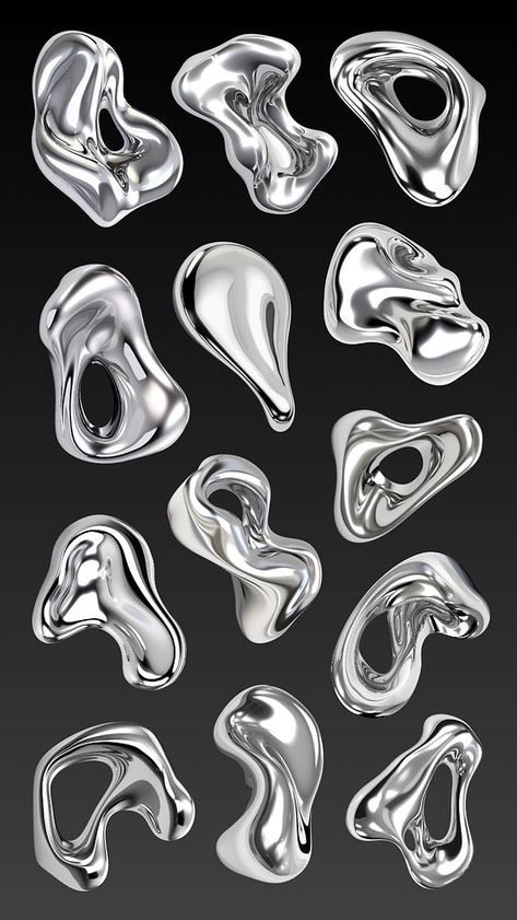 Editable 3D liquid chrome abstract shape design element set | premium image by rawpixel.com / Nunny Liquid Chrome Aesthetic, Abstract 3d Shapes, Liquid Metal Aesthetic, Chrome Graphic Design, Metallic Graphic Design, Texture Objects, Chrome Objects, Liquid Metal Texture, Chrome Aesthetic