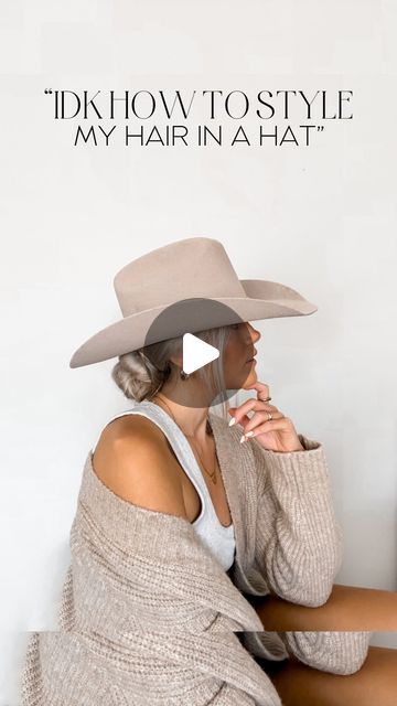 How To Wear A Cowboy Hat, Cowboy Hat With Ponytail, Hairstyles For Cowboy Hats Hair, Short Hair Cowboy Hat, Cowboy Hairstyles Woman, How To Wear A Hat With Long Hair, Low Bun With Hat, Hair Styles With A Hat, Cowgirl Hat Decorating Ideas