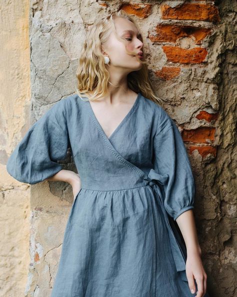 Balloon Sleeves Dress, Elegant Wrap Dress, Dress Deep V Neck, Linen Wrap Dress, Ruffle Linen, White Linen Dresses, Balloon Sleeve Dress, Summer Linen Dresses, Linen Shirt Dress