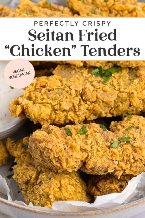 These crispy seitan fried "chicken" tenders are the perfect vegan alternative to traditional chicken strips. Featuring a tender "meat" made from homemade seitan and a crispy vegan buttermilk breading that fries up beautifully. Vegan Buttermilk, Seitan Chicken, Homemade Seitan, Vegan Fried Chicken, Seitan Recipes, Vegan Fries, Fried Chicken Tenders, Tender Meat, Air Return