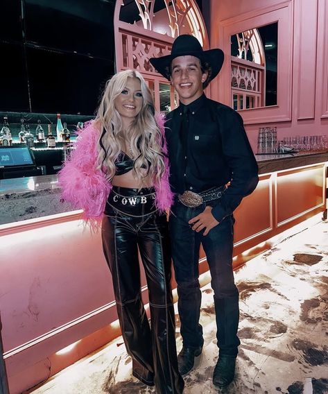 Nfr Couple Outfits, Hot Western Outfits Women, Leather Pants With Cowboy Boots, Leather Pants Western Outfit, Vegas Nfr Outfit Ideas, Taylor Rousseau, Nfr Outfits For Vegas, Nfr Outfits For Vegas Cowgirl Fashion, Nfr Vegas