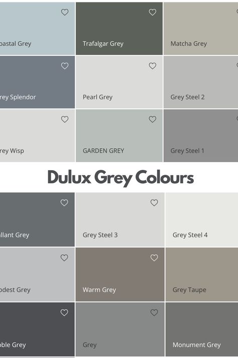 Dulux grey colours, a mix of different grey swatches by Dulux Paint Colours For Outside House, Grey Color Room Bedrooms, Types Of Grey Colour, Off Grey Walls Paint Colors, House Interior Colour Ideas, Dulux Dark Grey Paint Colours, Dulux Light Grey Paint, New Home Colour Ideas, Anthracite Grey Colour Palette