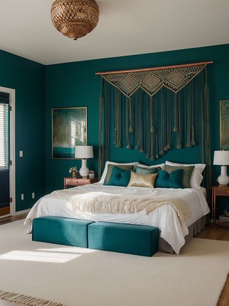 Emerald Green Bedroom Inspiration, Jewel Green Bedroom, Peacock Green Bedroom, Emerald Green Bedroom Walls, Jewel Coloured Bedroom, Emerald Bedroom Ideas, Jewel Tone Bedding, Emerald Green And Gold Bedroom, Teal Accent Wall Bedroom