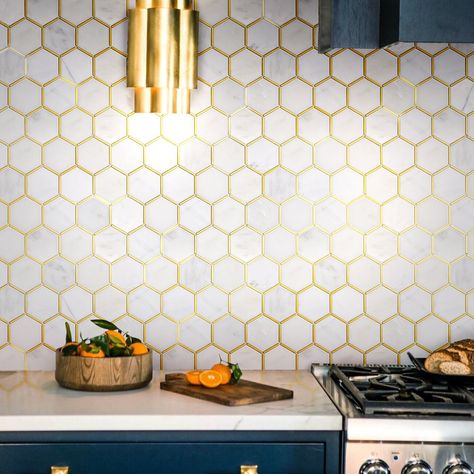 7 Simply Sophisticated White Kitchen Backsplash Ideas | Wayfair Honeycomb Tiles Kitchen, Honeycomb Backsplash, Honeycomb Tile, Hexagon Backsplash, White Kitchen Backsplash, Gold Tile, Kitchen Backsplash Ideas, White Backsplash, Metal Tile