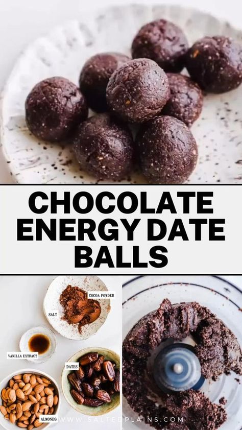 15min · 16 servings  These Healthy Chocolate Energy Date Balls are made with Medjool dates, unsweetened cocoa powder, and almonds. A gluten-free, vegan, and Whole30 healthy snack fit for sweet cravings!  Ingredients  • 1 ½ cups Medjool dates pitted  • 1 cup raw almonds  • 3 tablespoons cocoa powder or cacao powder  • ½ teaspoon pure vanilla extract  • 2-3 pinches sea salt  • 2-3 teaspoons water  Instructions  • Place dates and almonds in the bowl of a food processor. Process until almonds are broken down into medium chunks.  • Add cocoa powder, vanilla, and sea salt and process until almonds are in very small pieces and the mixture has become thick.  • Add one teaspoon of water to the mixture and process again. If the mixture is stilll dry, add one or two more teaspoons of water until you Date And Almond Energy Balls, Cacao Powder Energy Balls, Dates Chocolate Balls, Cocoa Date Balls, Keto Dates Recipes, Dates Energy Balls Healthy, Date Cocoa Energy Balls, Whole 30 Date Balls, Date Sweetened Recipes