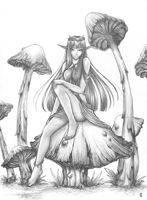 Fairy On A Mushroom Drawing, Fantasy Forest Sketch, Forest Elf Drawing, Faries Drawings Sketches, Forest Elf Art, Elf Drawing, Elf Princess, Elf Drawings, The Art Sherpa