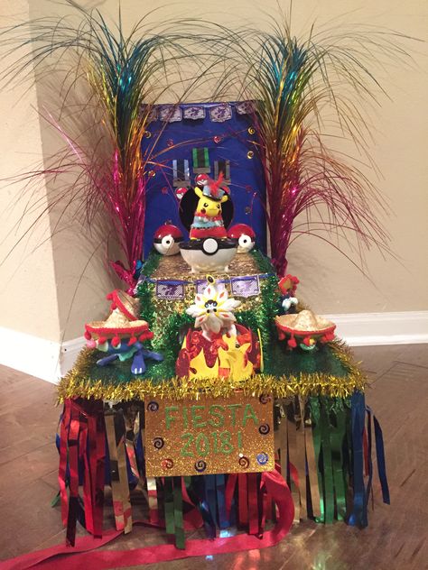 Pokémon float 2018! Donkey Kong Homecoming Float, Pokemon Shoebox Float, Shoe Box Fiesta Float Ideas, Fiesta Float Ideas For School, Fiesta Shoebox Float Ideas, Shoebox Fiesta Float, Fiesta Parade Float, Shoebox Mardi Gras Float, Kids Parade Floats