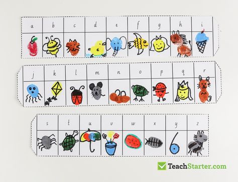 Alphabet Fingerprint Art Fingerprint Alphabet, Teaching Letters And Sounds, Thumbprint Art, Abc Crafts, Fingerprint Crafts, Early Years Classroom, Letter Names, Letters And Sounds, Fingerprint Art