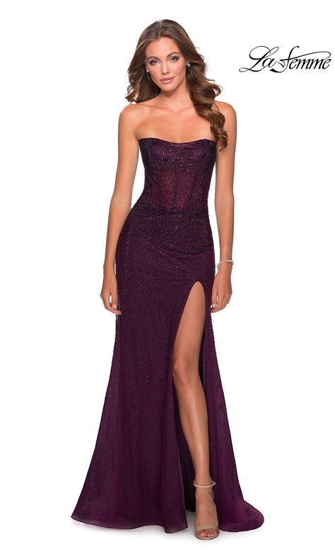 La Femme LF28621 long dark berry fitted sexy prom dress with high slit and strapless neckline. This dark purple sleek and sexy formal full length sequin beaded evening gown with leg slit is perfect for 2020 prom Plum Prom Dress, Flowy Prom Dresses, Dark Purple Dresses, Formal Ideas, Prom Dress Inspo, Prom Inspiration, Beaded Evening Gowns, Dress Stands, Purple Prom Dress