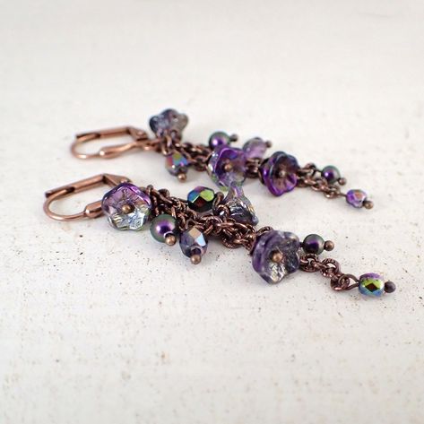 Spring Flower Wedding, Dark Purple Flowers, Boho Earring, Iridescent Purple, Flower Dangle Earrings, Spring Wedding Flowers, Wedding Rustic, Wedding Flower Girl, Fancy Jewellery