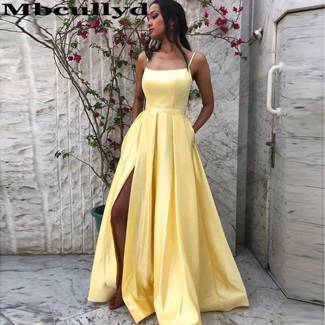 Yellow Formal Dress, Yellow Evening Dresses, Yellow Prom, Simple Prom Dress Long, Robes Glamour, Cheap Prom Dresses Long, Graduation Party Dresses, Prom Dresses Yellow, Prom Dresses With Pockets