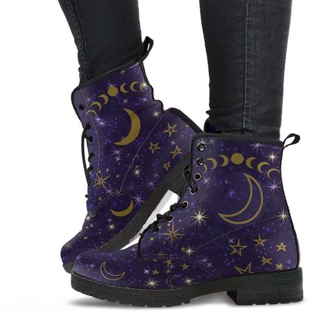 We love all things celestial! These purple and black boots with golden moons, and stars designs are so fun to wear and will be  a new favorite for your witchy, psychic, star-gazing wardrobe.  ---------------- Mens and Womens Vegan Leather Boots  When did you last feel that your shoes help express your personality? Or when is the last time you were complimented on your shoes? If this isn't often, then read on... Most local shoe stores don't carry footwear with designs as unique as this. In fact, Stars Designs, Shoe Stores, Cute Converse, Purple Boots, Vegan Leather Boots, Boots Combat, Star Boots, Boots Mens, Moon Boots