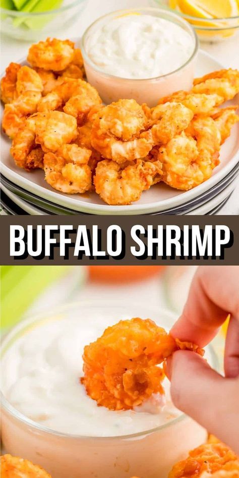 With easy ingredients and a tasty appetizer or main dish, these Buffalo Shrimp are flavorful, fun, and perfect for any occasion. This is a great appetizer or main dish recipe that you can serve with so many other things. With a light puffy breading and a buffalo coating, the flavors and texture are just amazing together. If you are a shrimp fan, then you absolutely will not be sad with this recipe. You will need to make this Buffalo Shrimp recipe ASAP. Buffalo Shrimp Recipes, Buffalo Chicken Grilled Cheese, Buffalo Shrimp, Buffalo Chicken Sandwiches, Shrimp Appetizers, Seafood Appetizers, Shrimp Recipe, Favorite Appetizers, Great Appetizers