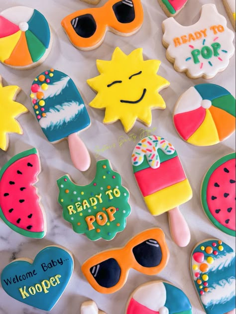 Popsicle Theme Baby Shower Ideas, Ready To Pop Cake Pops, Pool Themed Baby Shower Ideas, Popsicle Baby Shower Ideas, Summer Baby Shower Cookies, She’s Ready To Pop Baby Shower Theme, Ready To Pop Baby Shower Ideas Popsicle, Baby Shower Summer Ideas, Ready To Pop Popsicle Baby Shower Theme