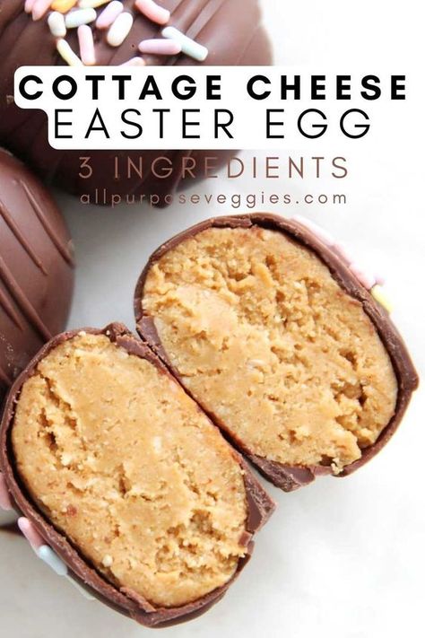 Yes, it seriously works! Here's an unbelievable protein-packed Easter treat that's as delicious and easy to make! Introducing Low Fat Cottage Cheese & Peanut Butter Easter Eggs, the perfect healthy snack to fuel you in the morning or recharge you post-workout. With just three simple ingredients—low-fat cottage cheese, peanut butter powder, and a chocolate coating—these eggs are a fun and tasty way to indulge without the guilt. #cottagecheese #eastereggs Chocolate Peanut Butter Cottage Cheese, Cottage Cheese Truffles, Cottage Cheese Peanut Butter Cookies, Cottage Cheese Mousse Low Carb, Protein Powder And Cottage Cheese, Chocolate Cottage Cheese Cheesecake, Cottage Cheese Protein Balls, Protein Jello Recipes, Gluten Free Cottage Cheese Recipes