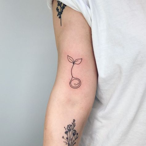 Lil Bee Tattoo, Tiny Sprout Tattoo, Seedling Tattoo Simple, Plant Sprout Tattoo, Bean Sprout Tattoo Simple, Bean Sprout Tattoo, Pea Pod Tattoo, Tiny Firefly Tattoo, Seedling Tattoo