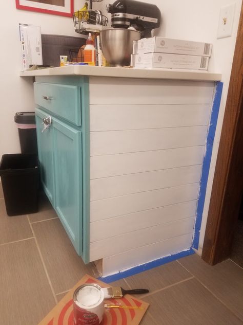 End Panel Cabinet Ideas, Shiplap Cabinet Doors, Cabinet End Upgrade, End Cabinet Ideas, Shiplap Kitchen Cabinets, Kitchen Cabinet End Panel, Kitchen Cabinet End Ideas, Shiplap Side Of Cabinet, Shiplap Cabinets