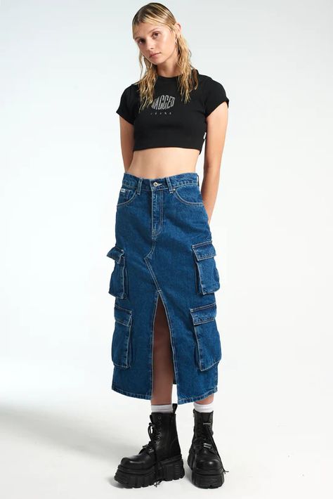 Combat Skirt, Skirt Over Jeans, Butch Fashion, Ropa Upcycling, Ragged Jeans, Pleated Denim Skirt, The Ragged Priest, Ragged Priest, Cargo Skirt