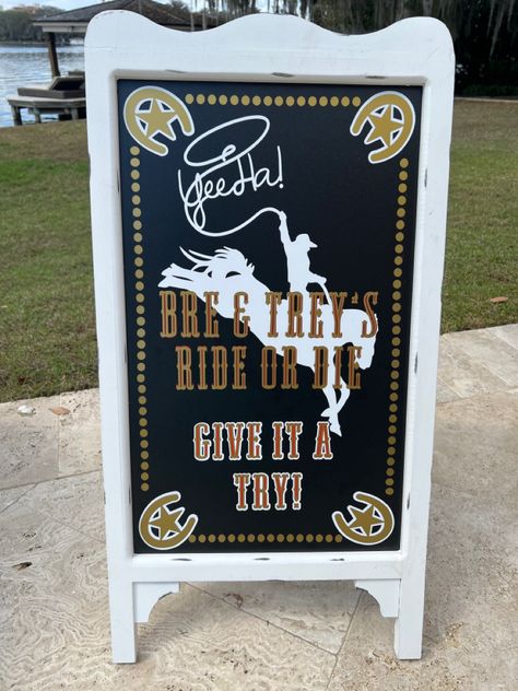 Yes of course they had a mechanical bull at their chic Western engagement party! 🤍🐂💍 “Ride or Die” Rodeo Engagement Party, Western Themed Engagement Party, Western Engagement Party Ideas, Mechanical Bull Wedding, Mechanical Bull Party, Bull Riding Birthday Party, Western Engagement Party, Engagement Party Sign, Backyard Engagement