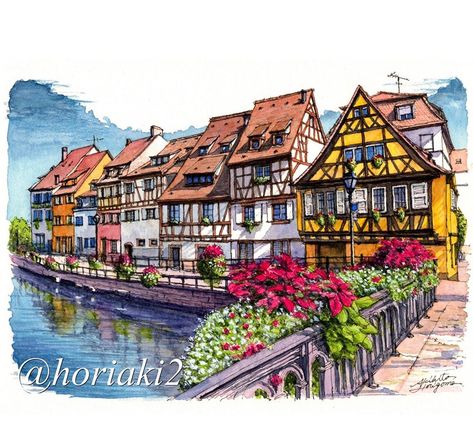 Akihito Horigome on Instagram: “Strasbourg, France 🇫🇷 #水彩画 #ドローイング #watercolor #watercolour #watercolorpainting #watercolorsketch #watercolorart #watercolorartist…” Akihito Horigome, Cafe Watercolor, Logo Voyage, France Watercolor, Europe 2024, Strasbourg France, Watercolor Painting Techniques, Urban Sketchers, Urban Sketching