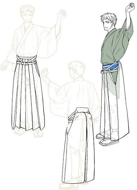 Kimono Sleeve Drawing, Hakama Pants Drawing, Haori Drawing Reference, Samurai Clothes Reference, Kimono Side View, Yukata Male, Samurai Clothing, Japanese Traditional Clothing, Japanese Costume