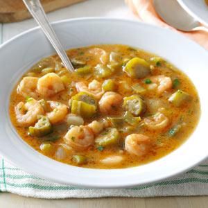 Seafood Gumbo Recipe from Taste of Home  #Mardi_Gras Blue Shrimp, Seafood Gumbo Recipe, Shrimp Gumbo, Louisiana Cuisine, Raw Shrimp, Cajun Dishes, Mardi Gras Food, Seafood Gumbo, Spicy Seasoning