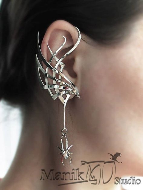 Ear With Earrings, Cyberpunk Earrings, Spider Earring, Cyberpunk Jewelry, Cuffs Earrings, Ear Jewellery, Ear Accessories, Silver Ear Cuff, Ear Cuff Earings