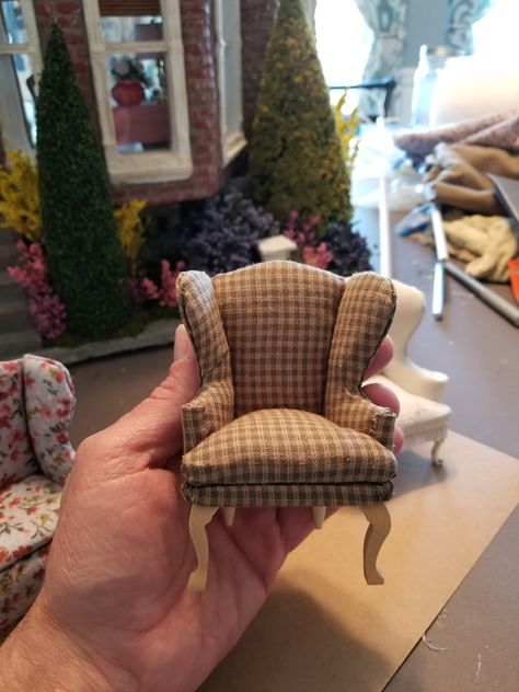 Greggs Miniature Imaginations: White Cottage and Teaching Myself How to Create Furniture Cottage Chairs, Wing Back Chair, Glitter House, Dollhouse Chair, Floral Chair, Dollhouse Tutorials, Doll Furniture Diy, Miniatures Diy, Miniature Dollhouse Furniture