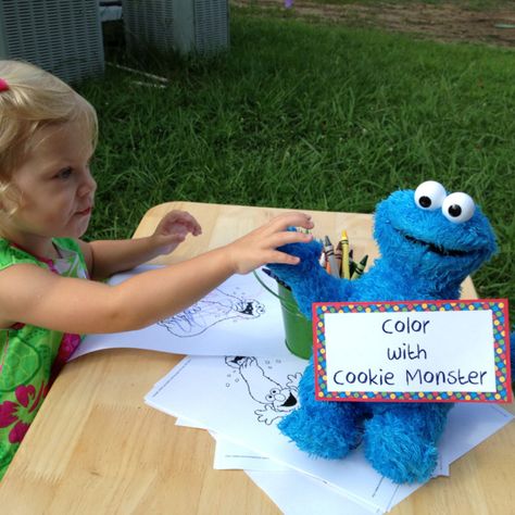 Sesame Street Party Games: Color with Cookie Monster. Sesame Street Party Games, Cookie Monster Toss Game, Cookie Monster Party Decorations Diy, Cookie Monster Games Party Ideas, Cookie Monster 3rd Birthday Girl, Cookie Monster 3rd Birthday Party, Cookie Monster Party Games, Cookie Monster Games, Sesame Street Games