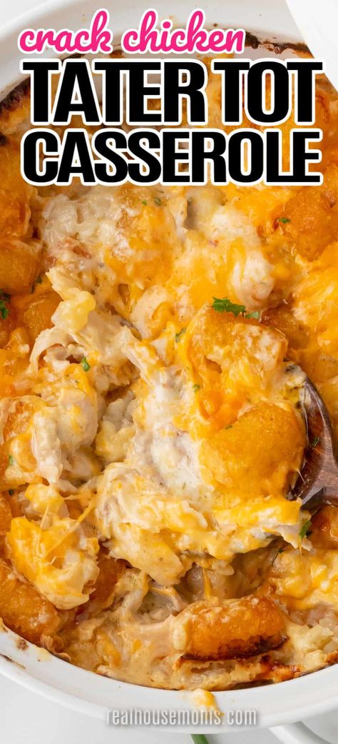 Chicken Bacon Ranch Tater Tot Casserole, Tatortot Hotdish, Chicken Potluck, Tatertots Casserole, Tator Tot Recipe, Appetizer Chicken, Tater Tot Bake, Cheesey Chicken, Chicken Basil Pasta