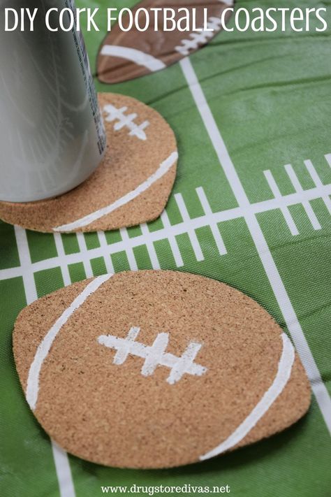 DIY Cork Football Coasters | Drugstore Divas Diy Football Decor, Football Decorations Diy, Cork Coasters Diy, Fall Football Decor, Recipes For Game Day, Football Coasters, Football Watch Party, Sports Party Favors, Homemade Coasters