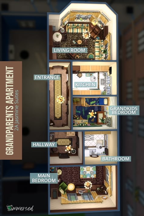 The floor plan for my Grandparents Cluttered Apartment at 2A Jasmine Suites 😀 #thesims4 #simsbuild #showusyourbuilds #sims4maxismatch #sims #ts4 #thesims4apartment #sims4floorplan #2ajasminesuites #floorplan 28 Jasmine Suites Sims 4, Sims 4 Apartment Inspiration, Sims 4 1010 Alto Apartment, 2b Jasmine Suites Sims 4 Floor Plan, 2a Jasmine Suites Sims 4 Layout, 2a Jasmine Suites Sims 4, 1010 Alto Apartments Sims 4 Layout, Sims 4 Apartment Renovation, The Sims 4 Apartment Floor Plans