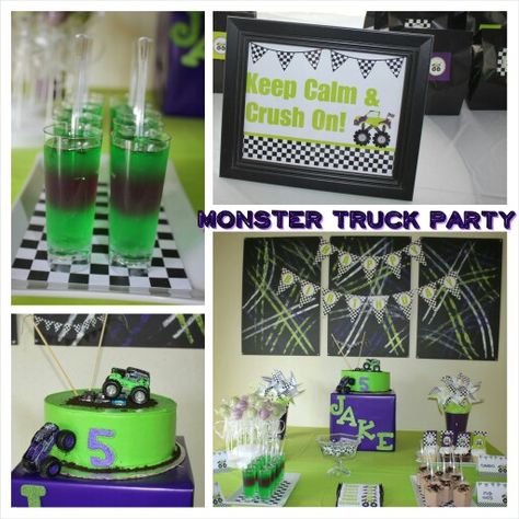 Monster Truck Party for a 5th Birthday  Green, Purple and Black - Grave Digger #monstertruck #green #purple #gravedigger #boyparty #5thbirthday #monster #truck Gravedigger Birthday Party, Grave Digger Birthday Party, Gravedigger Monster Truck, Digger Party, Monster Truck Birthday Party, Digger Birthday, Monster Jam Birthday, Monster Jam Party, Monster Truck Theme