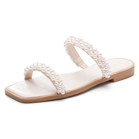 PRICES MAY VARY. [Feature]: Summer dressy sandals for women, exquisite two strap flats sandal decorated with sturdy pearl beaded, retro& fashion square open toe, low wedge heel, fancy women flat shoes [Style]: Pear Strap slip on sandals, unique dual pearl band sandal, cute and elegant walking sandals for every women, a must-have item in your everyday wardrobe [Comfortable]: These slip on slide slippers are composed of soft vegan leather. Comfortable and easy to match, convenient to slip on, and