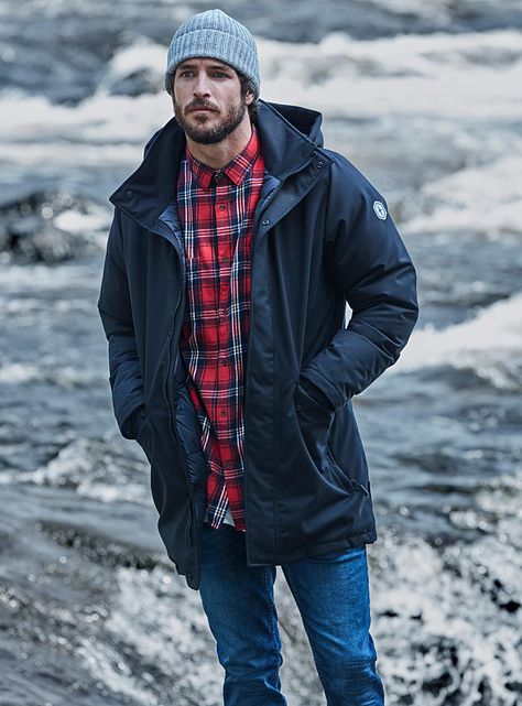 The Coat Portfolio | Simons #Le31 #Men #MaisonSimons #WinterCoat #Quartz Red Plaid Shirt Outfit, Rainy Day Outfit Men, Parka Outfit Winter, Hiking Outfit Men, Justice Joslin, Plaid Shirt Outfits, Men Parka, Red Plaid Shirt, Plaid Shirts