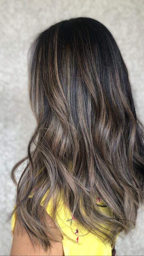 Dimensional Blonde On Black Hair, Dark Ash Blonde Highlights On Dark Hair, Stripey Highlights Hair, Beige Blonde Highlights On Dark Hair, Subtle Blonde Highlights On Dark Hair, Baby Lights On Dark Hair, Full Highlights For Dark Hair, Ashy Babylights On Dark Hair, Ash Brown Hair With Highlights