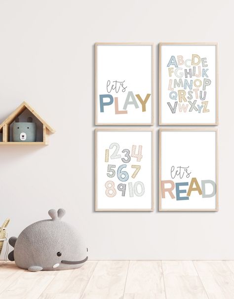 Excited to share this item from my #etsy shop: Set of four Printable wall art, playroom prints, lets play, lets read, learning ABC and numbers 1-10, preschool education, neutral gender Playroom Color Scheme, Gender Neutral Playroom, Toddlers Crafts, Number Printables, Playroom Prints, Colorful Playroom, Happy Room, Baby Playroom, Abc Print