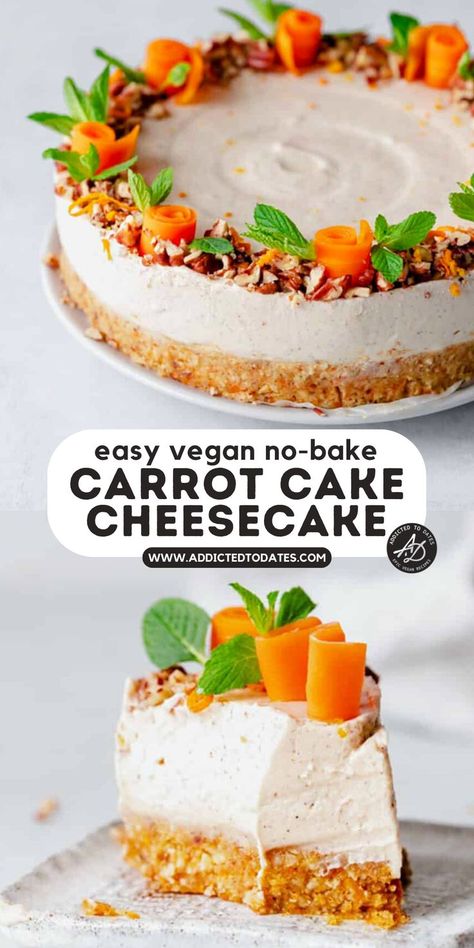 no bake cheesecake on a carrot cake base with carrot decoration on top. Carrot Cake Decoration, Carrot Cheesecake, Cheesecake Topping, Spiced Carrot Cake, Raw Vegan Cake, Cheesecake Vegan, Mousse Cakes, 10 Cake, Carrot Cake Cheesecake