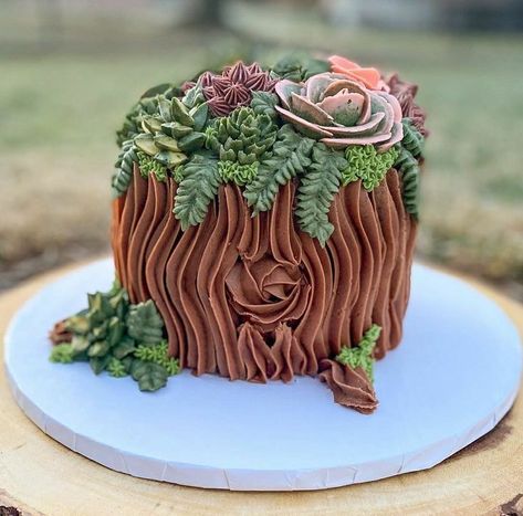 Stump Cake, Tree Stump Cake, Nature Cake, Flowers And Succulents, Succulent Cake, Sick Of It, Fall Cakes, Crazy Cakes, Buttercream Flowers