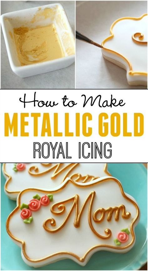 How to make shiny gold (and silver) royal icing.  It's easier than you think! Gold Royal Icing, Kue Fondant, Icing Frosting, Royal Icing Recipe, New Cake, Fondant Cupcakes, Cake Icing, Icing Recipe, Iced Cookies