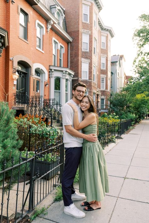 Couple engagement session in Washington DC neighborhood Logan Circle Dc Neighborhoods, Dc Lifestyle, Living In Washington Dc, Dc Engagement Photos, Washington Dc Engagement, Dc Couples, Dc Engagement, Anniversary Shoot, Jefferson Memorial