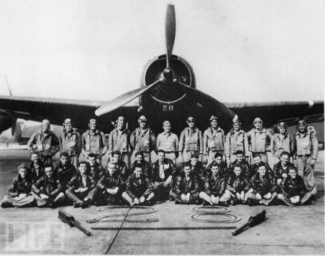 The crew of the Lost Patrol, in front of plane FT-28 piloted by commander Lt. Charles Taylor.  Flight 19 was the designation of 5 TBM Avenger torpedo bombers that disappeared on Dec. 5, 1945 during a U.S. Navy overwater navigation training flight from Naval Air Station Fort Lauderdale, Florida. All 14 airmen on the flight were lost. One plane was one member short. Marine Cpl. Allan Kosnar, had been given special permission not to fly that day because he had had a strong premonition of danger. Flight 19, The Bermuda Triangle, Military Photography, Malaysia Airlines, Bermuda Triangle, Flying Boat, Navy Aircraft, Time Life, Aviation History