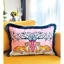 Pink Velvet Pillow, Animal Print Pillow, Cushion Covers Online, Animal Print Pillows, Maximalist Style, Tiger Pattern, Maximalist Decor, Blue Tassel, Print Pillow