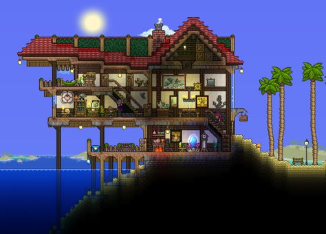 Terraria Ocean Build, Terraria Steampunk House, Terraria Storage Room, Terraria Houses, Terraria Design, Terraria Memes, Terrarium Base, Terraria House Ideas, Terraria House Design