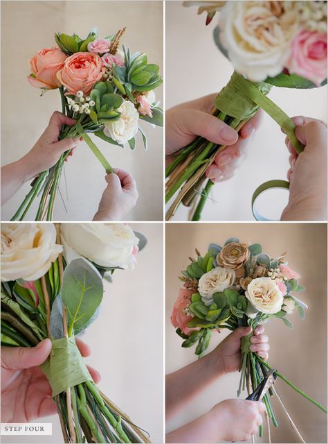 STEP FOUR:  Wrap your bouquet in floral tape, starting at the top and traveling down the stem bunch. This will give your bouquet a little added support. Cut the excess stems down until you have reached your desired length. Bouquet Pastel, Diy Bridal Bouquet, Succulent Bouquet, Making A Bouquet, Diy Bridal, Diy Wedding Bouquet, Floral Tape, Diy Wedding Flowers, Trendy Flowers