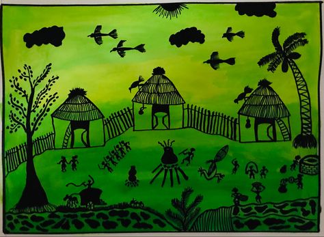 Warli art village scene acrylic paintings Night Scene Painting, Warli Print, Cover Page For Project, Worli Painting, Warli Painting, Gond Art, Warli Art, Composition Painting, Diy Science Experiments